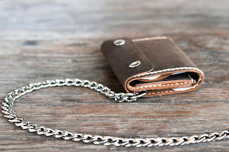 Handmade Leather Trifold Wallet with Chain - Gifts For Men