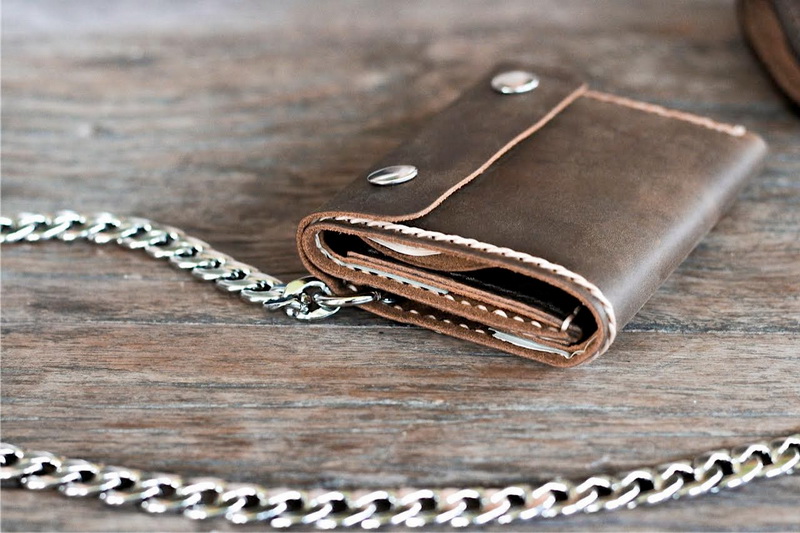Handmade Leather Trifold Wallet with Chain - Gifts For Men